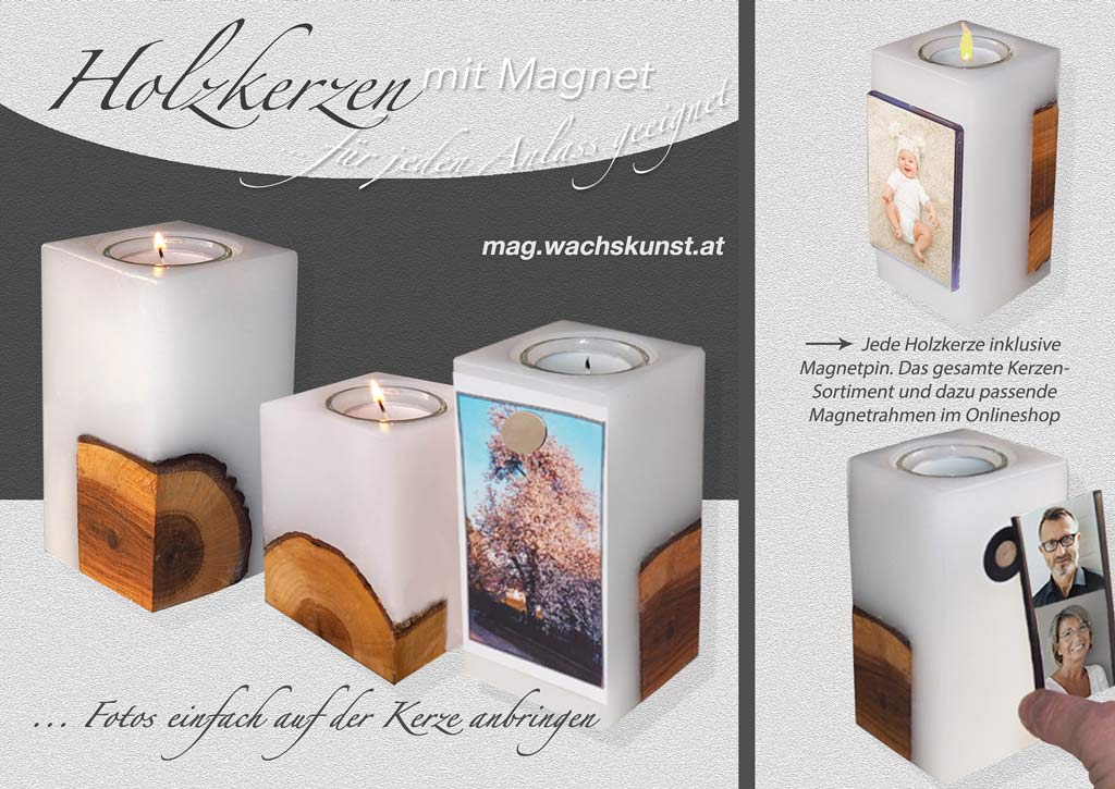 Holzkerzen WACHSKUNST mit Magnetpin von Bernadette Schrenk